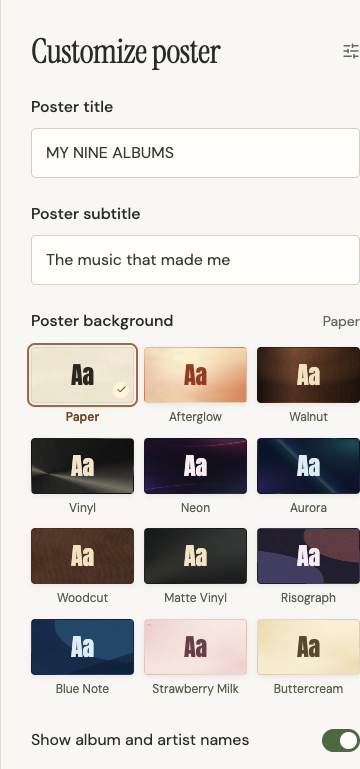 Poster settings for the title, subtitle, background, and album labels