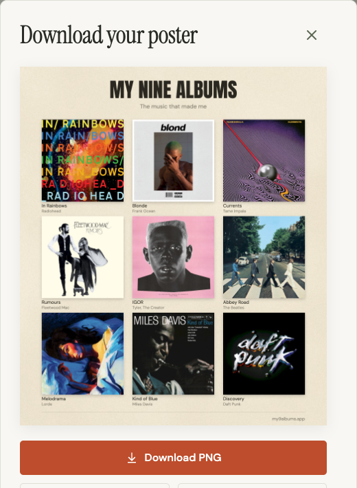 The finished nine-album poster preview with the Download PNG button