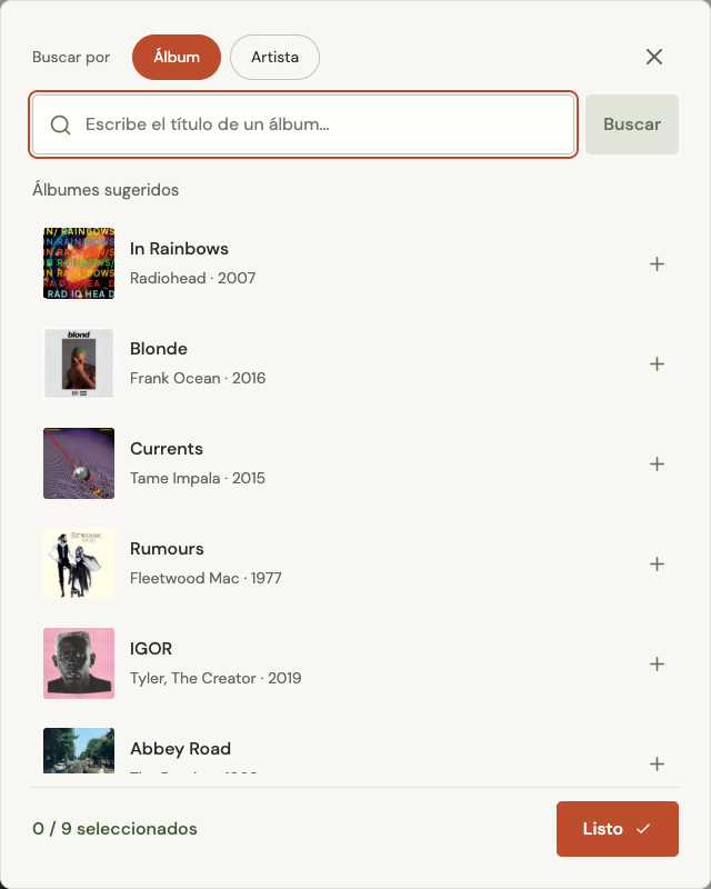Selector de álbumes con búsqueda por álbum y artista, sugerencias y botón Listo