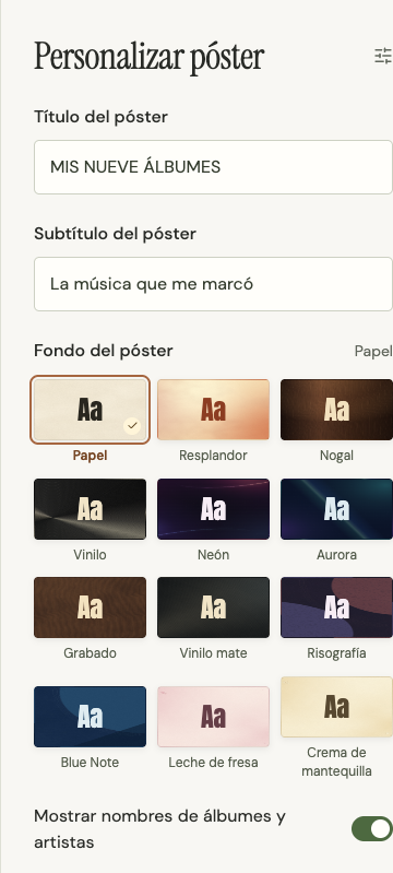 Ajustes del título, subtítulo, fondo y nombres del póster
