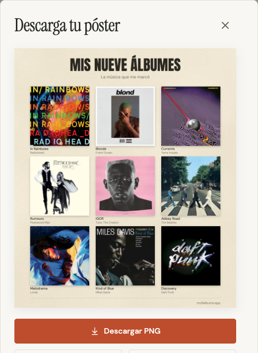 Vista previa del póster de nueve álbumes con el botón Descargar PNG