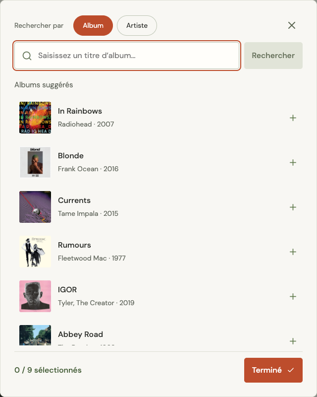 Sélecteur d’albums avec recherche par album ou artiste, suggestions et bouton Terminé