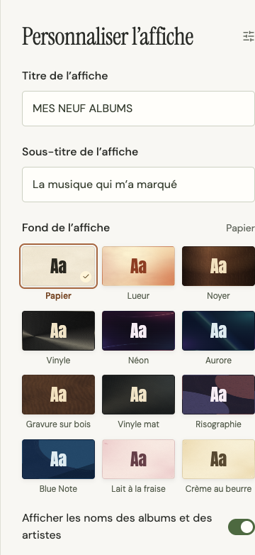 Réglages du titre, du sous-titre, du fond et des noms sur l’affiche
