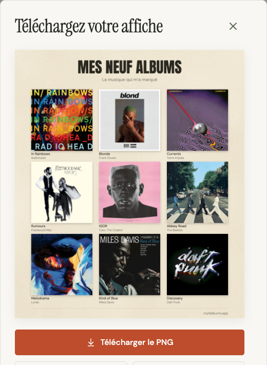 Aperçu de l’affiche de neuf albums avec le bouton Télécharger le PNG