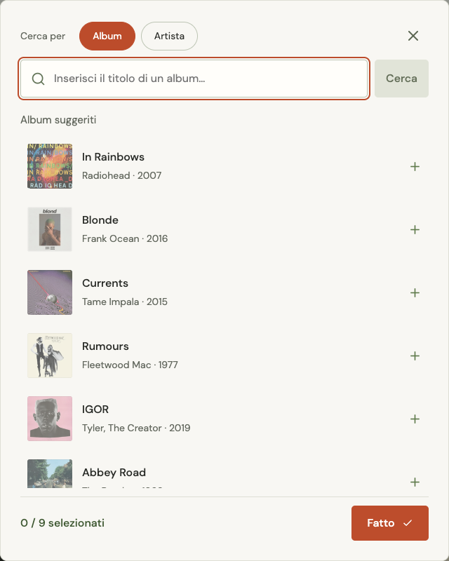 Selettore degli album con ricerca per album e artista, dischi suggeriti e pulsante Fatto
