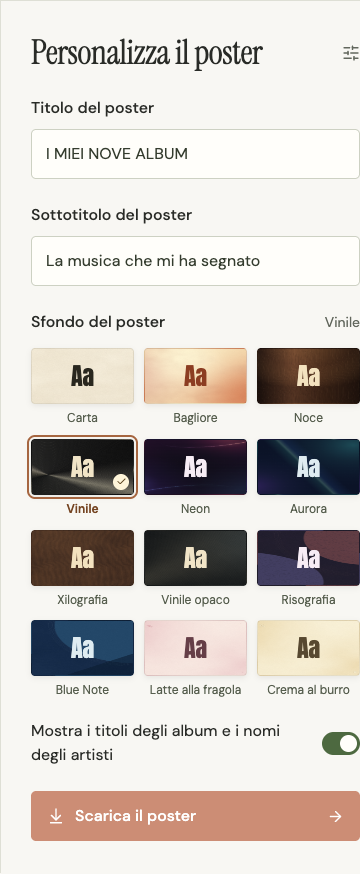 Impostazioni di titolo, sottotitolo, sfondo e nomi degli album