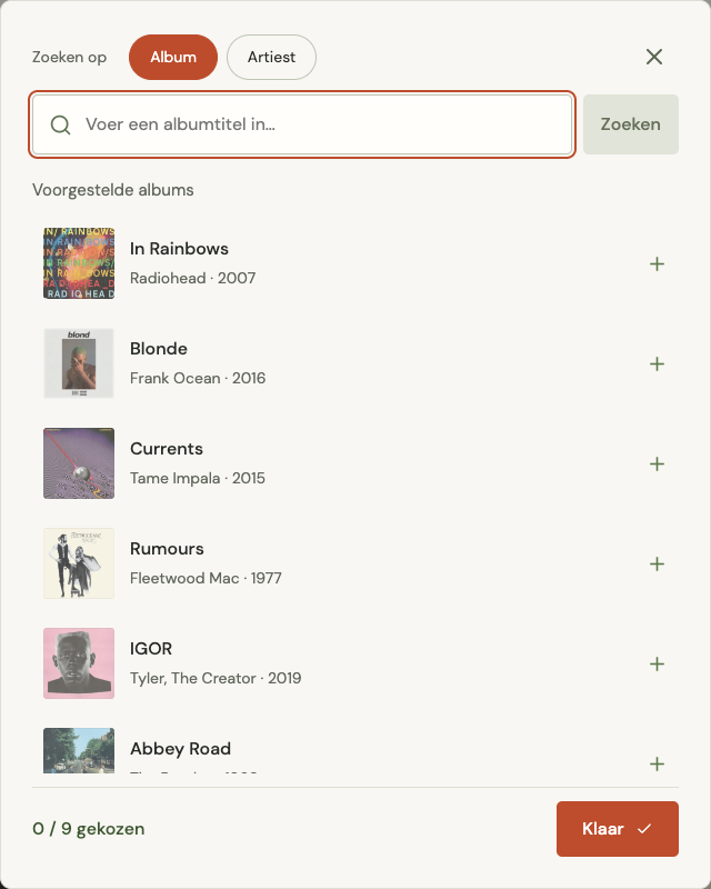 De albumkiezer met zoeken op album of artiest, voorgestelde platen en de knop Klaar