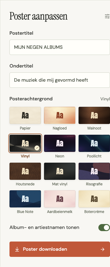Posterinstellingen voor titel, ondertitel, achtergrond en albumnamen