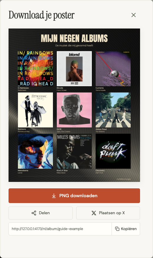 Voorbeeld van de voltooide poster met de knop PNG downloaden