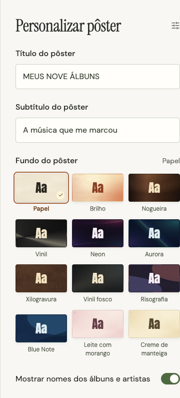 Ajustes do título, subtítulo, fundo e nomes do pôster